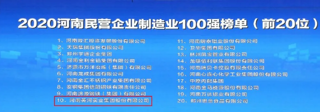 喜讯！黄河集团八年蝉联河南民营企业100强