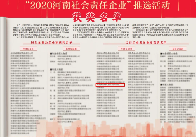 黄河旋风荣获“2020河南社会责任企业”年度企业奖