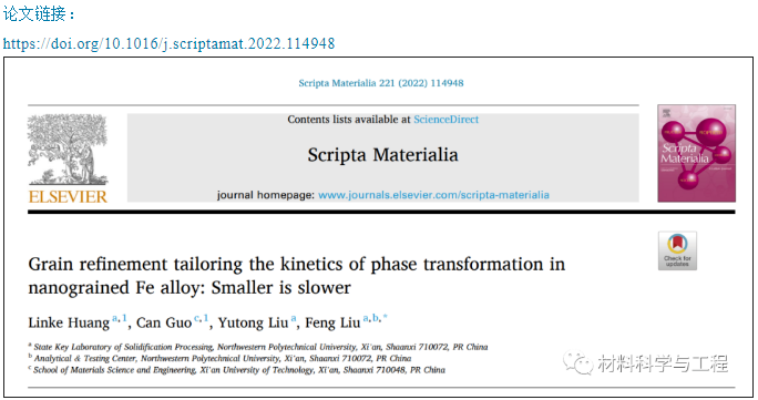 西工大《Scripta》：晶粒细化对纳米晶铁合金相变动力学的影响