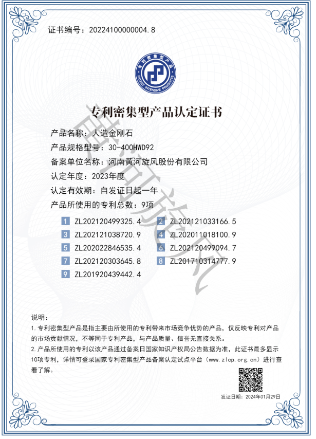 黄河旋风“人造金刚石”入选全国首批专利密集型产品