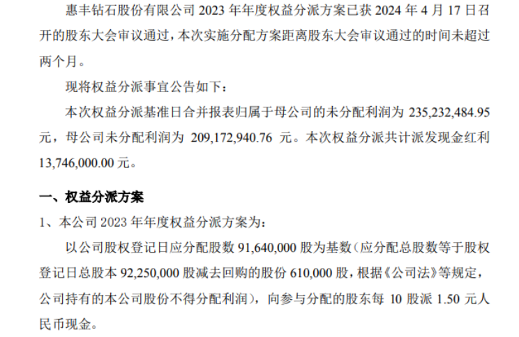 惠丰钻石2023年权益分派每10股派现1.5元 共计派发现金红利1374.6万元